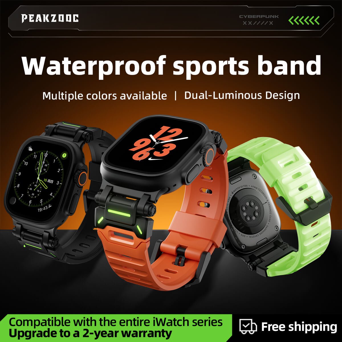 Peakzooc FKM Strap Techwear Glow Sport Band for Apple Watch Series / Ultra BlackPEAKZOOC