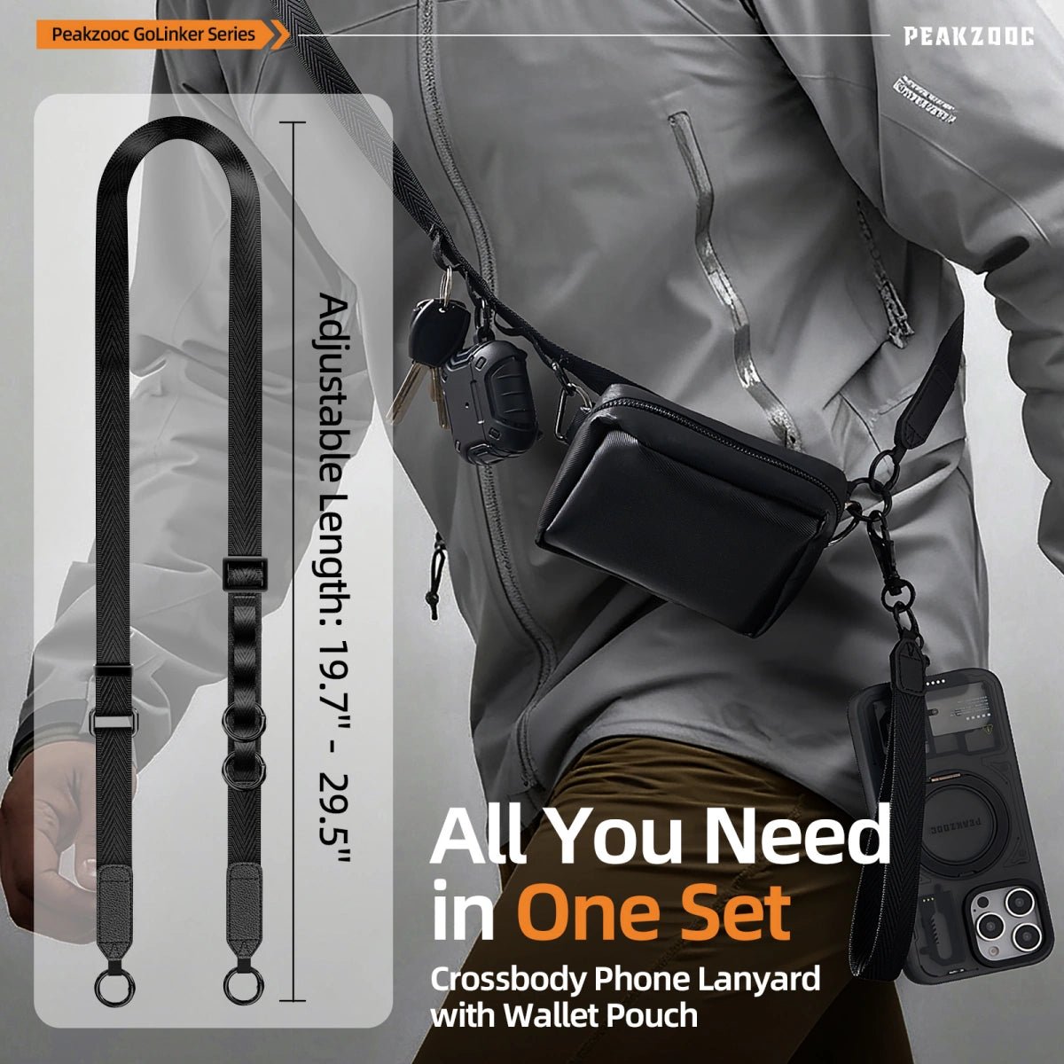 Phone Lanyard Kit with Wallet Pouch Adjustable Strap for All Phones LanyardBlackPEAKZOOC