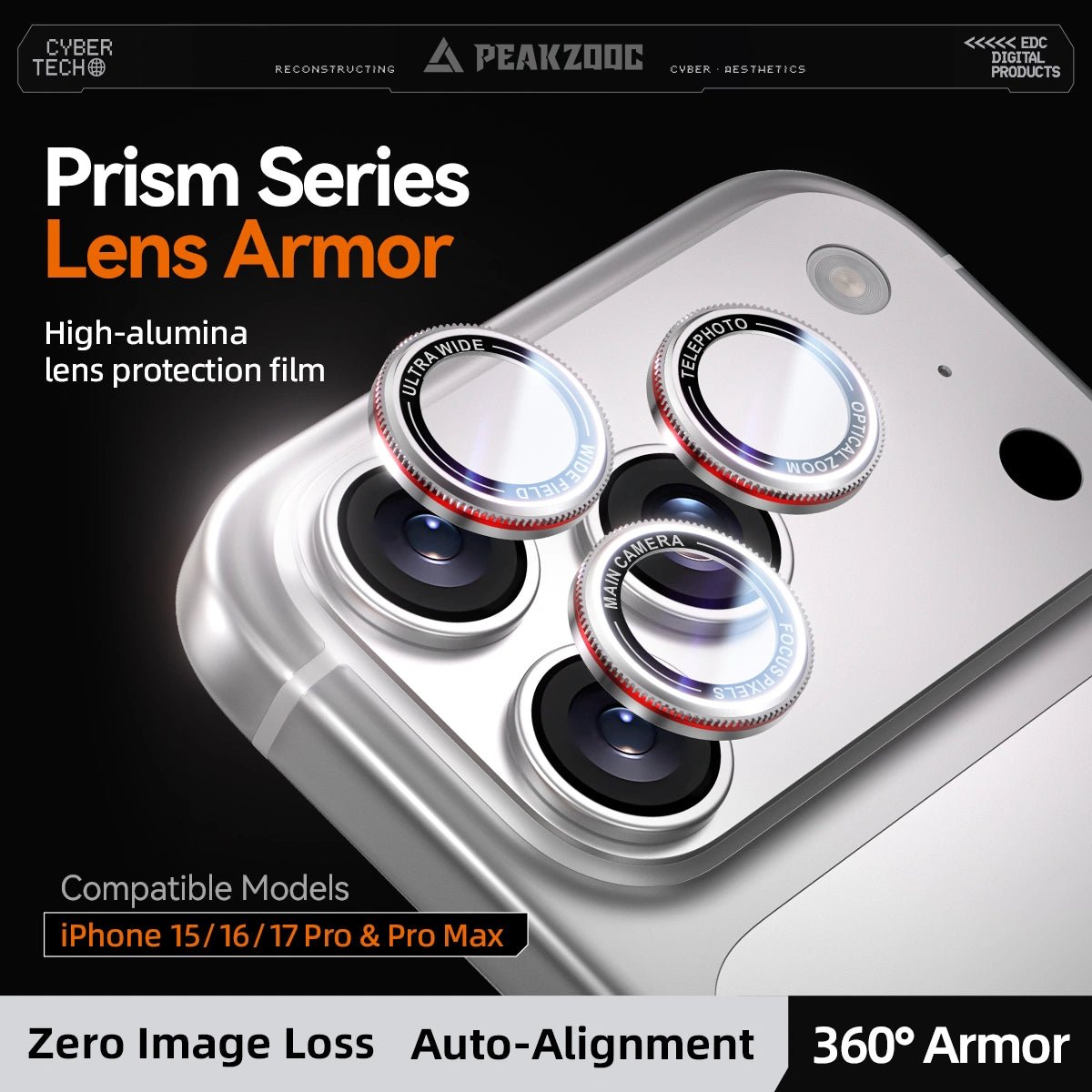 PRISM Lens Armor Film - Peakzooc Lens Protector for iPhone 17 / 16 / 15 SilverPeakzooc